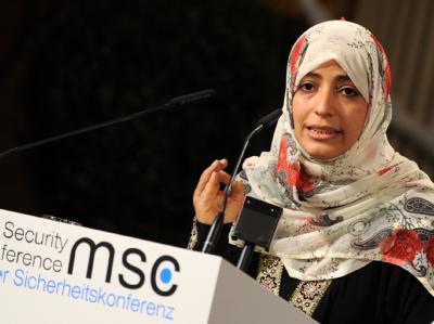 Die jemenitische Friedensnobelpreisträgerin Tawakkul Karman spricht auf der 48. Sicherheitskonferenz in München. Tobias Hase Friedensnobelpreisträgerin Tawakkul Karman