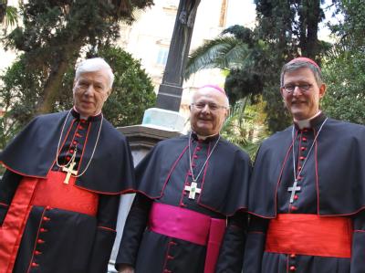 Der Vorsitzende der Deutschen Bischofskonferenz Robert Zollitsch (M) steht mit den neuen Kardinälen Rainer Maria Woelki (r) und Karl Josef Becker (l) bei einem Empfang. Foto: Karl-Josef Hildenbrand Papst ernennt 22 neue Kardinäle