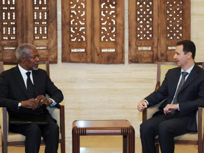 Der UN-Syrienbeauftragte Kofi Annan bei Syriens Präsident Assad. Foto: Syrian Arab News Agency SANA Assad und Annan in Damaskus