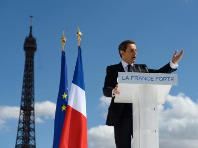 Frankreichs Präsident Sarkozy auf einer Wahlkampfveranstaltung zum 1. Mai in Paris. Foto: Philippe Wojazer Nicolas Sarkozy