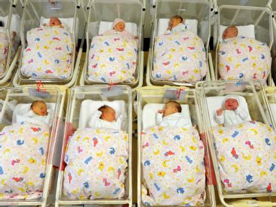 Babys liegen zusammen auf der Neugeborenenstation im Krankenhaus St. Elisabeth und St. Barbara in Halle in ihren Bettchen. Foto: Peter Steffen Weniger Nachwuchs für Deutschland