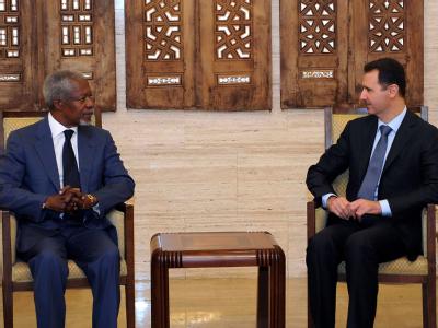 Erneutes Treffen in Damaskus: Der UN-Sondergesandte Kofi Annan und Syriens Präsident Assad. Foto: Sana Annan und Assad