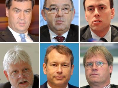 Die Finanzminister (oben l-r) Markus Söder (Bayern), Norbert Walter-Borjans (Nordrhein-Westfalen), Nils Schmid (Baden-Württemberg) sowie unten (l-r) Helmuth Markov (Brandenburg), Berlins Finanzsenator Ulrich Nußbaum und Jens Bullerjahn (Sachsen-Anhalt). Finanzminister