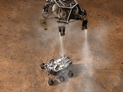 Diese Animation veranschaulicht den Moment kurz nach der ersten Berührung des Mars-Rovers Mars-'Curiosity'-Landung