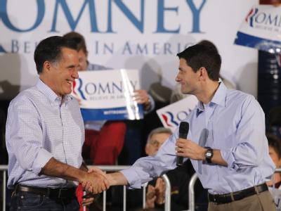 Mitt Romney und Paul Ryan auf einer Wahlkampfveranstaltung. Foto: Jeffrey Phelps/ Archiv Romney und Ryan (r)