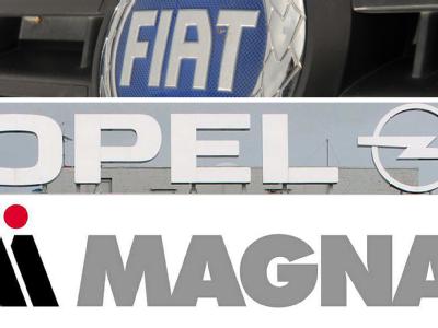 Logos von Fiat, Opel und Magna. Opel-Krise