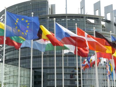 Flaggen der EU-Mitgliedsländer wehen vor dem Europa-Parlament in Straßburg (Archiv). Europa-Parlament