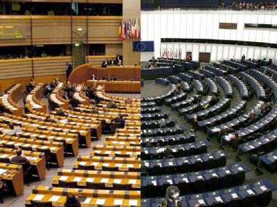 Die Bildkombo zeigt links das Europaparlament in Brüssel und rechts das Europaparlament in Straßburg. Die zwei Sitze des EU-Parlaments