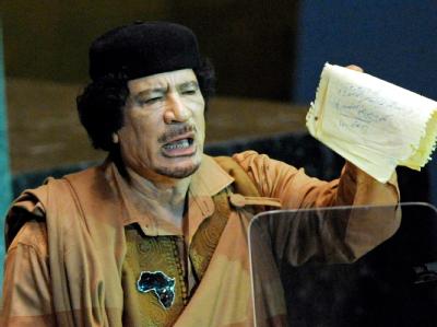 Muammar al-Gaddafi während seiner Rede vor der UN-Vollversammlung. Muammar al-Gaddafi