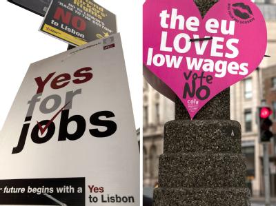 Plakate von EU-Befürwortern und EU-Gegnern vor dem Referendum in Irland. Dafür und dagegen