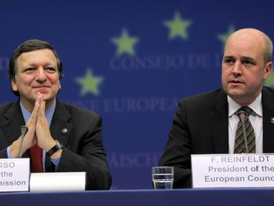 EU-Kommissionspräsident Barroso und Schwedens Regierungschef Reinfeldt beim Gipfel in Brüssel. EU-Gipfel