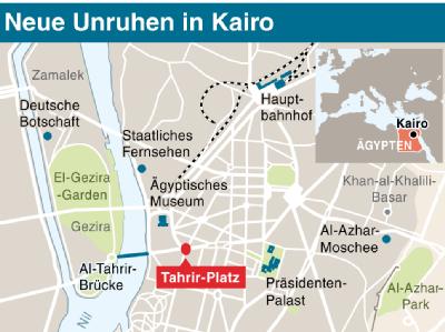 Am Sonntag gab es erneut vereinzelt Krawalle rund um den Kairoer Tahrir-Platz. Grafik: D. Dytert Neue Unruhen in Kairo