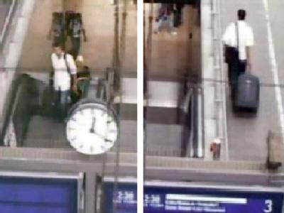 Die Videoszenen aus einer Überwachungskamera der Bahn vom Hauptbahnhof in Köln zeigt den mutmaßlichen Bombenleger Jihad H. auf einer Rolltreppe (l.) und auf einem Bahnsteig mit Koffer (Archivfoto vom 31.07.2006). Überwachungskamera der Bahn