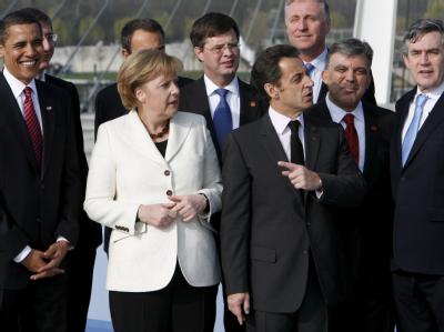 Zahlreiche Staats- und Regierungschefs haben Angela Merkel zum Wahlsieg gratuliert. (Archivbild) Obama, Merkel, Sarkozy und Brown