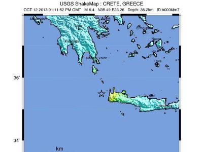 Das Epizentrum des Bebens lag westlich der gelb eingefärbten Westspitze von Kreta. Foto: USGS Epizentrum