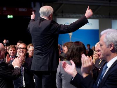 Seehofer in Siegespose auf dem CSU-Parteitag in München. Foto: Tobias Hase Seehofer in Siegespose