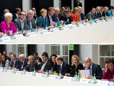 Die Spitzenvertreter von Union (oben) und SPD beraten in Berlin. Foto: Maurizio Gambarini/Archiv Koalitionsverhandlungen