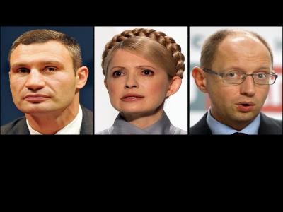 Vitali Klitschko (l), Julia Timoschenko und Arseni Jazenjuk. Foto: Matthias Hiekel/Tatyana Zenkovich/Sergey Dolzhenko Klitschko, Timoschenko und Jazenjuk