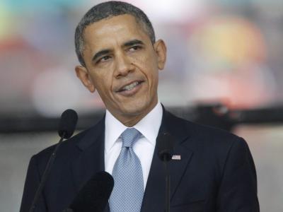 US-Präsident Barack Obama spricht bei der Trauerfeier in Johannesburg. Foto: Kim Ludbrook Barack Obama
