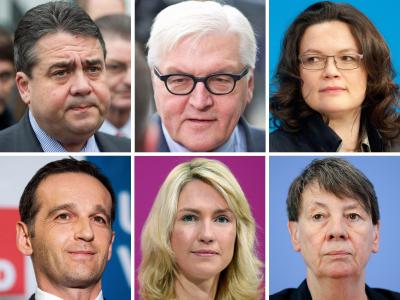 Sigmar Gabriel (oben l-r), Frank-Walter Steinmeier, Andrea Nahles, Heiko Maas (unten l-r), Manuela Schwesig und Barbara Hendricks am: Wenn die SPD-Mitglieder grünes Licht geben, wird an diesem Wochenende auch die Besetzung des Kabinetts der großen Koaliti SPD Minister im Kabinett Merkel 2013