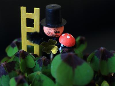 Ein kleine Schornsteinfegerfigur zwischen vierblättrigem Klee. Die traditionellen Glücksbringer erfreuen sich zum Jahreswechsel großer Beliebtheit. Foto: Jens Wolf Glücksbringer zum Jahreswechsel
