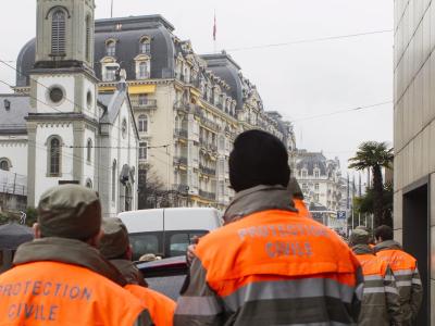 Sicherheitskräfte vor dem Ort der Friedenskonferenz in Montreux. Foto: Aline Staub Montreux