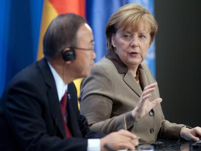 Kanzlerin Merkel und UN-Generalsekretär Ban Ki Moon bei der Pressekonferenz im Bundeskanzleramt. Foto: Maurizio Gambarini Ban Ki Moon in Berlin