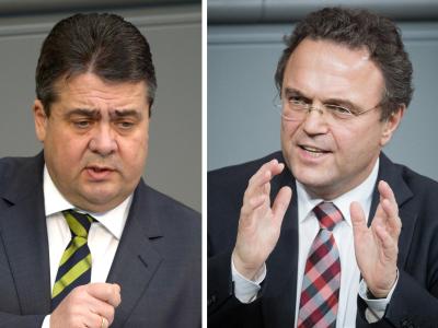Sigmar Gabriel (l) wurde im Oktober 2013 von Hans-Peter Friedrich darauf angesprochen, dass im Rahmen von Ermittlungen im Ausland der Name von Sebastian Edathy aufgetaucht sei. Foto: Rainer Jensen Gabriel und Friedrich