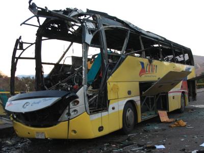 Gefährliches Reiseland: Zerstörter Touristenbus auf der Sinai-Halbinsel. Foto: Yonhap/Archiv Zerstörter Touristenbus