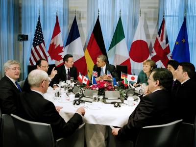Die westlichen Industriemächte bestrafen Putin wegen der Annexion der Krim. Jerry Lampen / Pool Foto: Jerry Lampen / Pool G7-Treffen