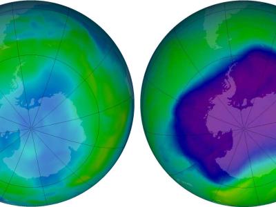 Das Ozonloch über der Antarktis am 24.9.2006 (r.) und am 9.6.2013: Blaue und violette Farben zeigen an, dass die Ozonschicht dünn ist. Ozonloch über der Antarktis