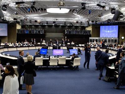 Blick auf den Runden Tisch beim Treffen der EU-Staats- und Regierungschefs in der bulgarischen Hauptstadt. Treffen in Sofia
