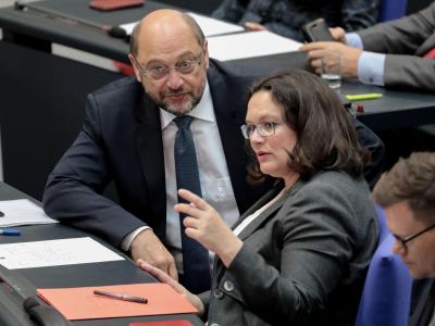 Ex-SPD-Chef Martin Schulz und seine Nachfolgerin Andrea Nahles im Bundestag: Können sie sich baldige Neuwahlen wünschen? Bundestag