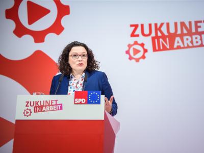 SPD-Chefin Andrea Nahles spricht nach der Klausurtagung der Parteispitze im Willy-Brandt-Haus in Berlin. Andrea Nahles
