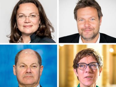 Die Bildkombo zeigt Andrea Nahles (SPD), Robert Habeck (Bündnis 90/Die Grünen), Olaf Scholz (SPD) und Annegret Kramp-Karrenbauer (CDU). Umfrage Bundeskanzler