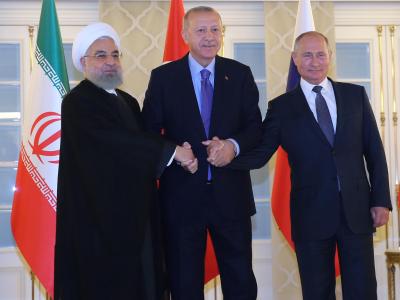 Irans Präsident Ruhani neben Gastgeber Erdogan und seinem russischen Amtskollegen Putin. Syrien-Gipfel in Ankara