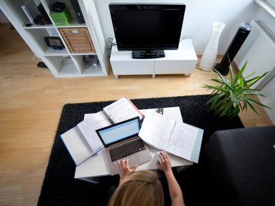 Zu Hause statt im Büro: Eine Frau arbeitet in einem Wohnzimmer an einem Laptop. Home Office