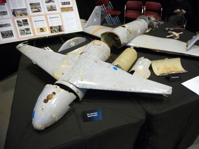 Die Überreste einer iranischen Qasef-1 Drohne, die vom Jemen aus nach Saudi-Arabien geflogen wurde. Iranische Drohne