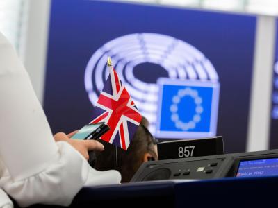 Eine Fahne des Vereinigten Königreiches steht während einer Plenarsitzung des Europäischen Parlaments auf dem Tisch der Abgeordneten Lucy Harris (Brexit-Partei). Das Ringen um den Brexit geht in die heiße Phase. Brexit-Debatte im EU-Parlament