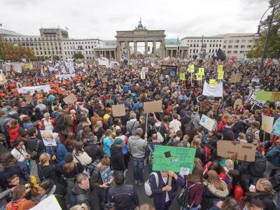 Teilnehmer der Fridays-for-Future-Demonstration stehen vor dem Brandenburger Tor. Nach Veranstaler-Angaben haben in Berlin rund 270.000 Menschen an den Protesten teilgenommen. Demonstranten in Berlin