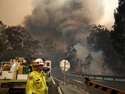 Einsatzkräfte bekämpfen Waldbrände im Taree-Nationalpark in New South Wales. Buschfeuer in Australien