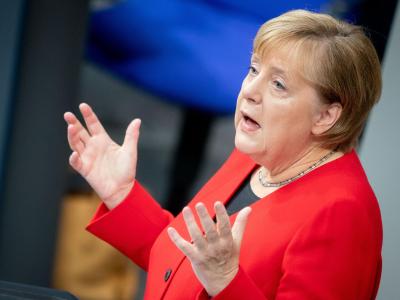 Bundeskanzlerin Angela Merkel spricht im Bundestag während der Generaldebatte zum Bundeshaushalt 2020. Angela Merkel