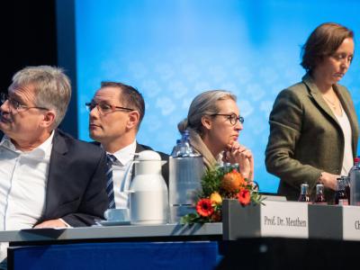 Die AfD-Bundessprecher Jörg Meuthen und Tino Chrupalla sowie Alice Weidel und Beatrix von Storch (v.l.) beim Parteitag. AfD-Bundesparteitag