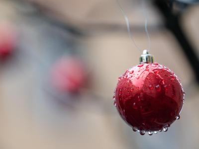 Nasse Christbaumkugeln nach einem Regen. Bisher präsentiert sich das Wetter in weiten Teilen Deutschlands wenig winterlich. Regentropfen an Christbaumkugeln