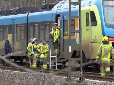 Ein Regional-Express steht auf einem Gleis bei Rheine. Der Zug musste halten und wurde geräumt, nachdem umgestürzte Bäume die Bahngleise auf der Strecke zwischen Rheine und Salzbergen blockiert hatten. Zugverkehr lahmgelegt