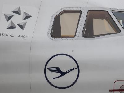 Eine Passagiermaschine der Lufthansa steht am Rande der Rollbahn auf dem Frankfurter Flughafen. Lufthansa-Maschine