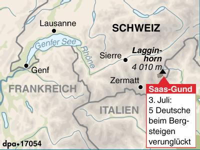Karte zum Bergunglück am Lagginhorn (Walliser Alpen). Bergunglück in den Walliser Alpen