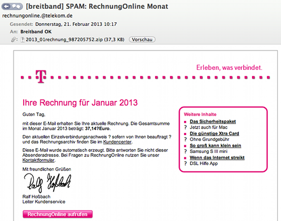Vorsicht Malware: Spam-Welle mit gefälschten Telekom ...
